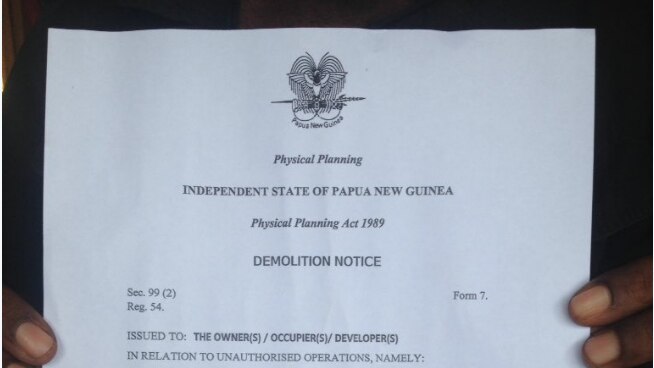 A copy of the demolition order served on West Papuan refugees by council officers in PNG's capital Port Moresby.