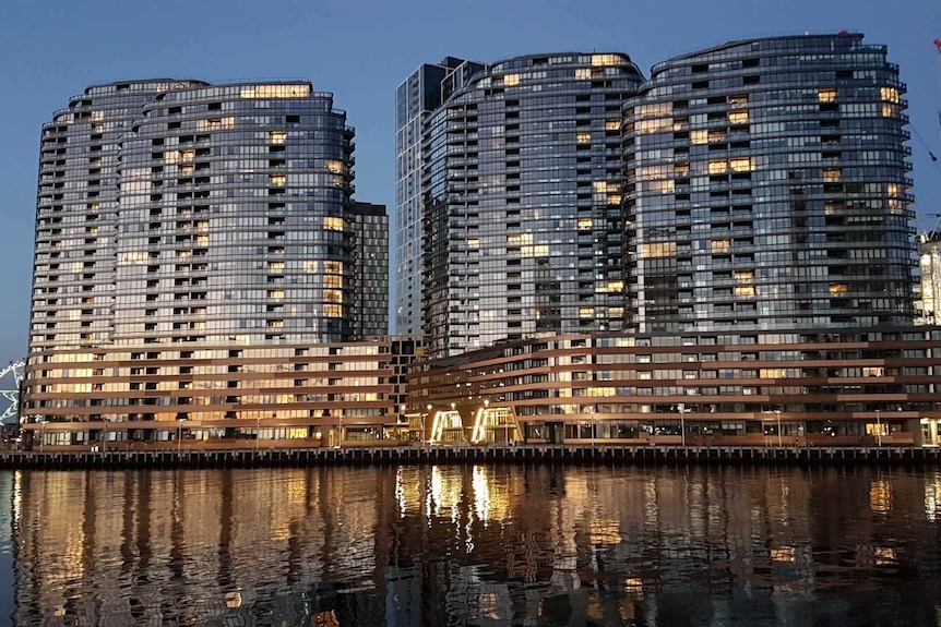A view of apartment blocks in Docklands in Melbourne