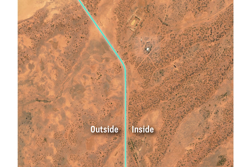 Aerial view of satellite image of dingo fence and arid landscape on South Australia and New South Wales border