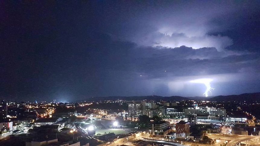 A lightning strikes on the outskirts of Brisbane early this morning.
