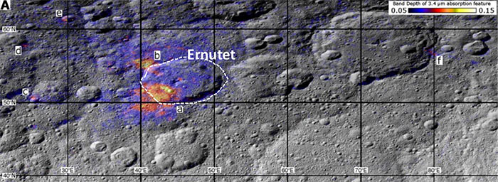 Near-infrared image of surface of Ceres showing position of organic material