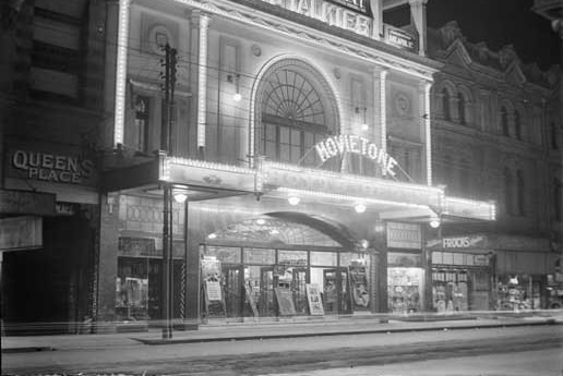 Hoyts Regent Theatre lit up at night, 1929.