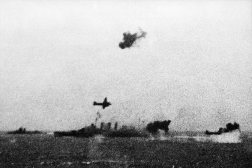 HMAS Australia comes under air attack during the battle of the Coral Sea