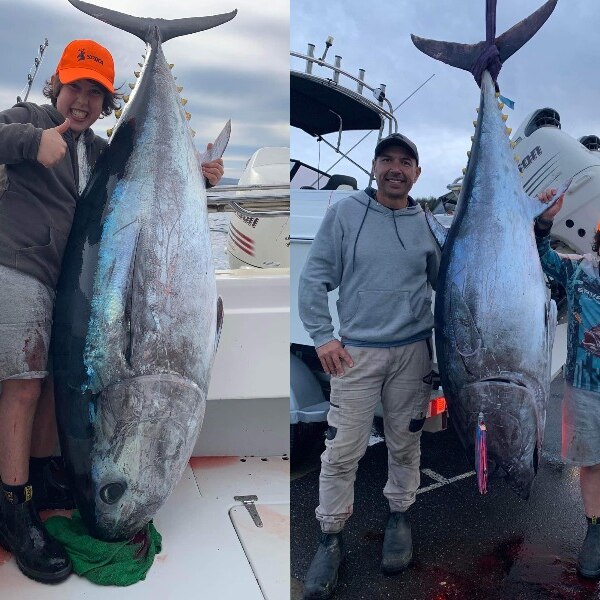 A boy wearing an orange sports cap has a huge grin on his face standing next to a tuna that is longer than him. 
