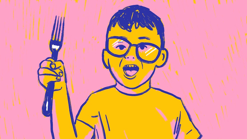 A child with glasses and holding a fork. 