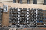 Dozens of computer units sit on shelves among power cables