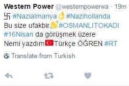 A twee in Turkish from Western Power's Twitter profile after it was hacked.