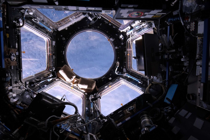 A view of Earth from outer space through a cupola