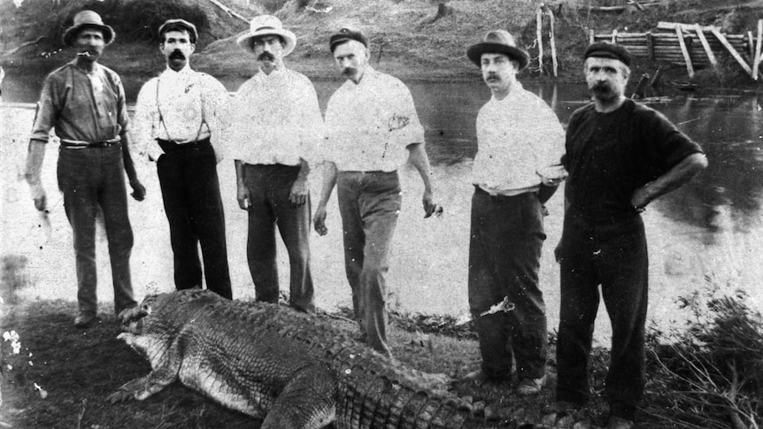 Six men next to crocodile on river bank