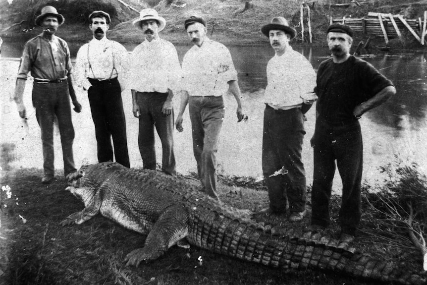 Six men next to crocodile on river bank