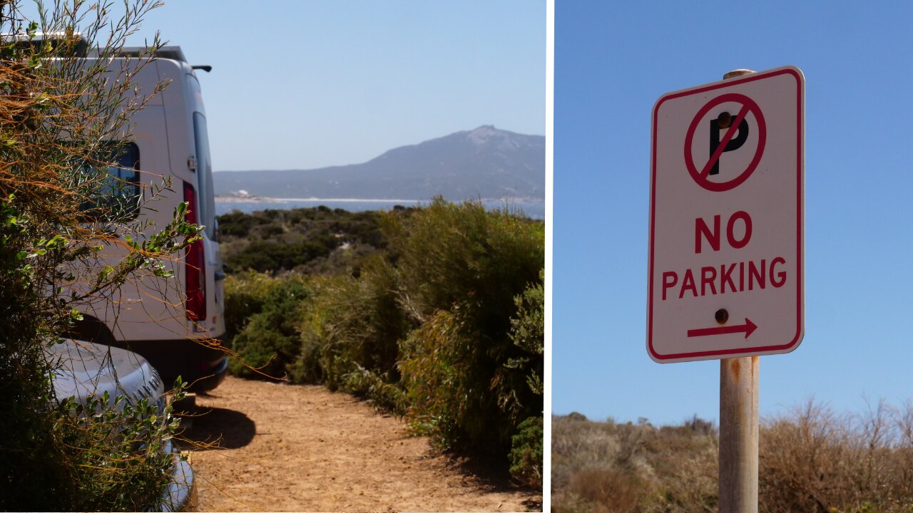 A split image showing some vehicles parked near the ocean and a "no parking" sign.
