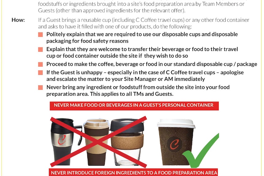 On The Run reusable coffee cup policy.