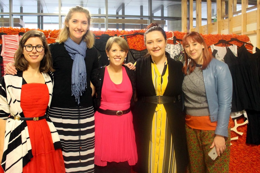 Laura Demamiel, Abbie Waine, Sheena Ireland, Holly Cooper and Emma Batchelor at a clothes swap.