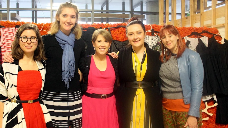 Laura Demamiel, Abbie Waine, Sheena Ireland, Holly Cooper and Emma Batchelor at a clothes swap.