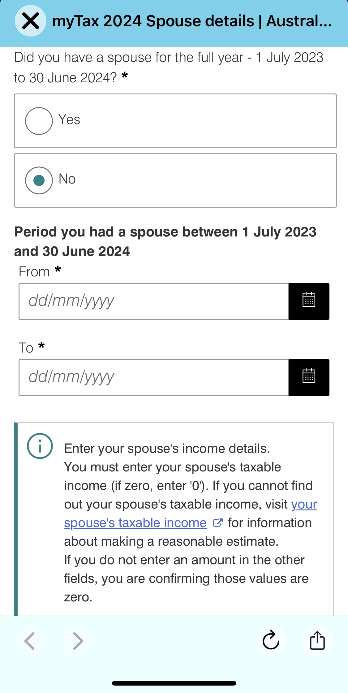 A screenshot of the ATO's myTax app asking for the dates the user had a spouse for