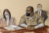 A courtroom sketch of a female attorney wearing a face mask sitting next to R Kelly in prison clothes and a face mask