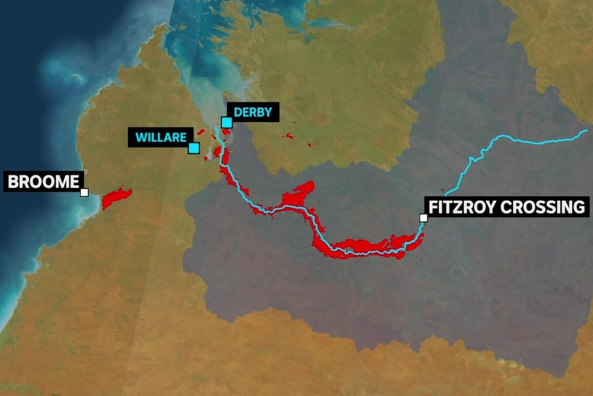 A map showing the flood affected area in the Kimberley