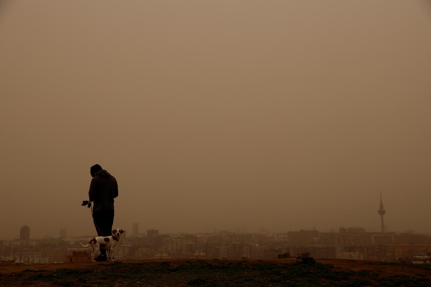 A man and a dog stand on a hill overlooking the city of Madrid blanketed in a grimy orange dust.