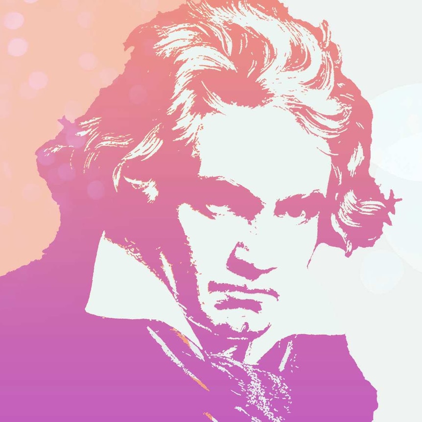 An outline of Beethoven's head in peach, with the text "Beethoven 250" next to it.