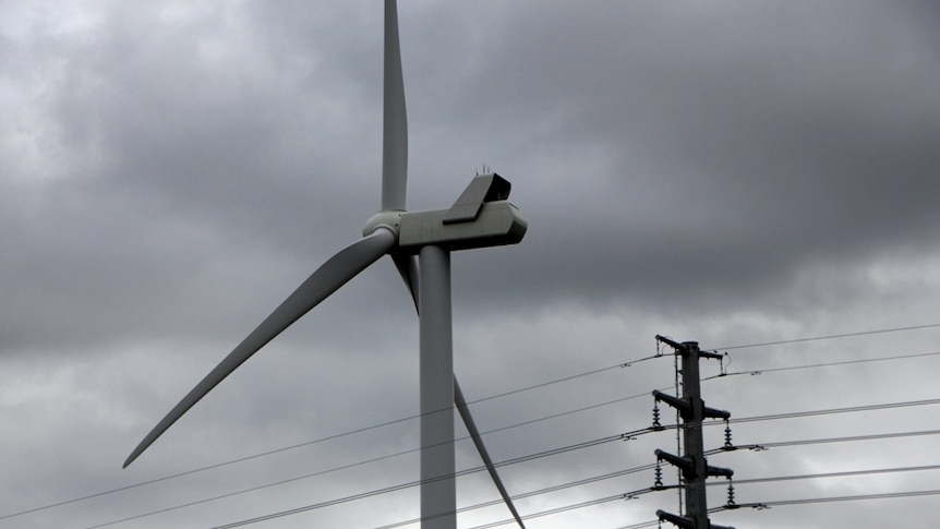 Wind turbines and power lines in a farming region