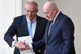 Prime Minister Scott Morrison shakes hands with Governor General Peter Cosgrove.