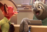 Still image from the Disney movie Zooptopia where the main characters talk to a sloth