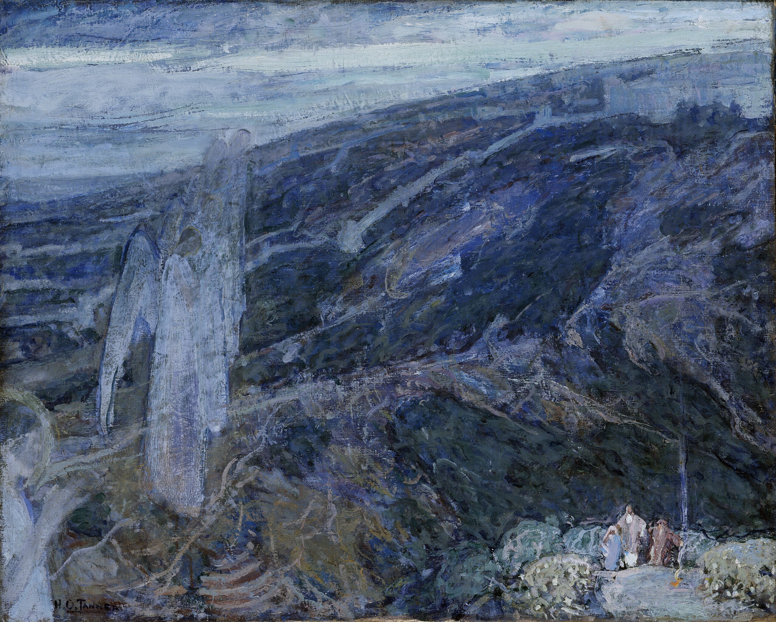 A group of men  on a mountain in the soft blue hues of dawn face an apparition of a figure in white.