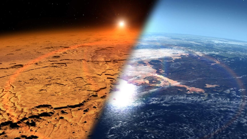 Half of the image shows a red desert and the other half, a blue ocean world