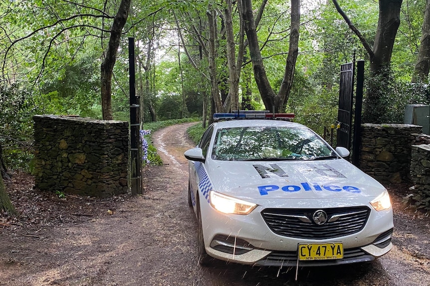 A police car outside the gate of a bushy property