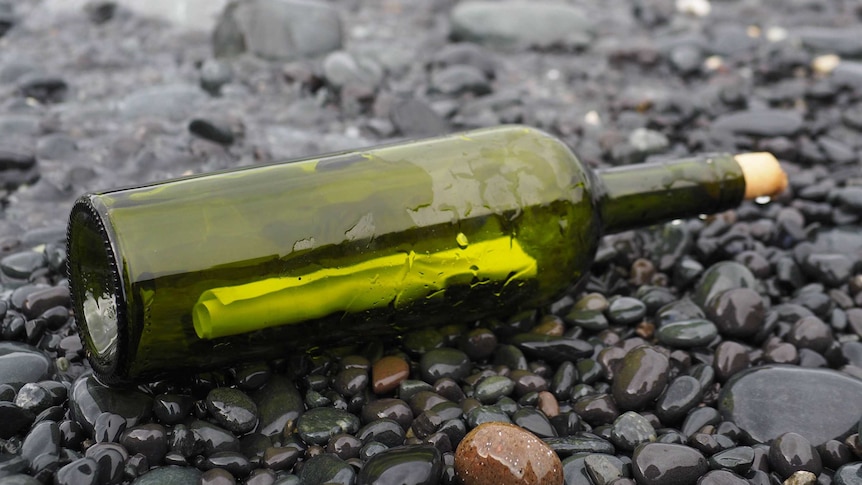 Bottle on shore with message inside.