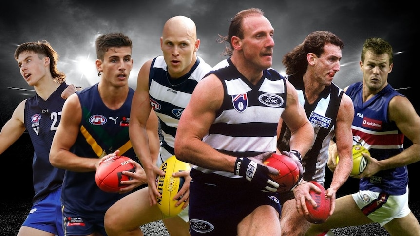 Art work featuring Sam and Luke Darcy, Nick and Peter Daicos, and Gary Ablett Snr and Jnr.