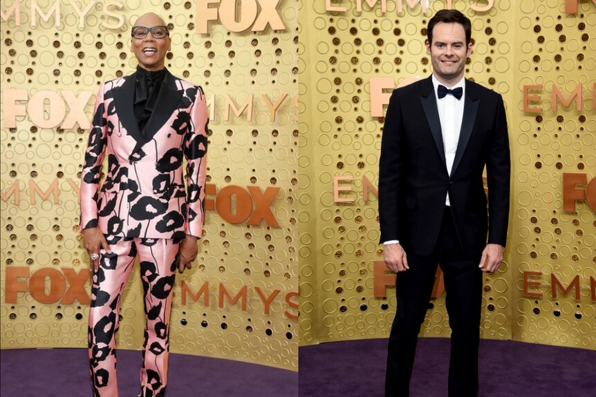 RuPaul, left, wears a pink tuxedo with a flower print in a composite image next to Bill Hader, right, in a black suit.