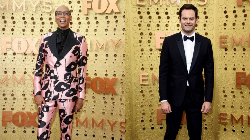 RuPaul, left, wears a pink tuxedo with a flower print in a composite image next to Bill Hader, right, in a black suit.