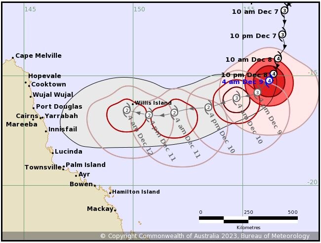 A map shows the path of a cyclone approaching the north Queensland coast