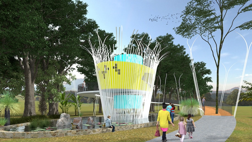 artist's impression showing a building that looks like a wicker basket floating in a pond.