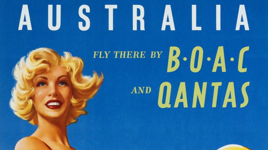 Old travel poster of beach girl, advertising QANTAS flights to Australia