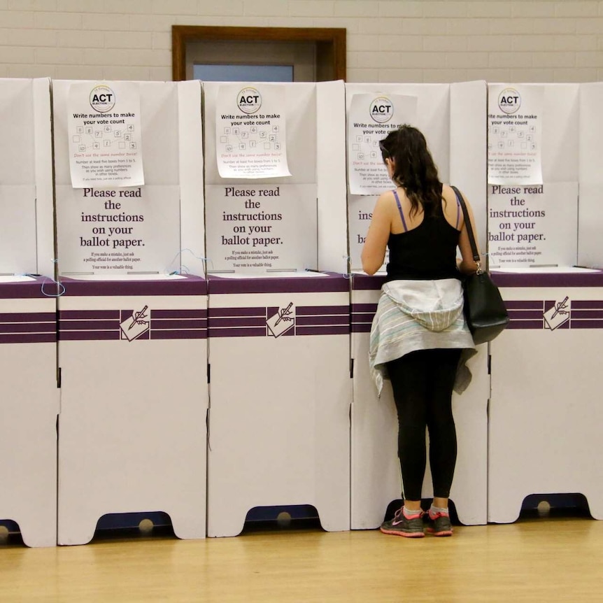 A person voting at a booth in the ACT election