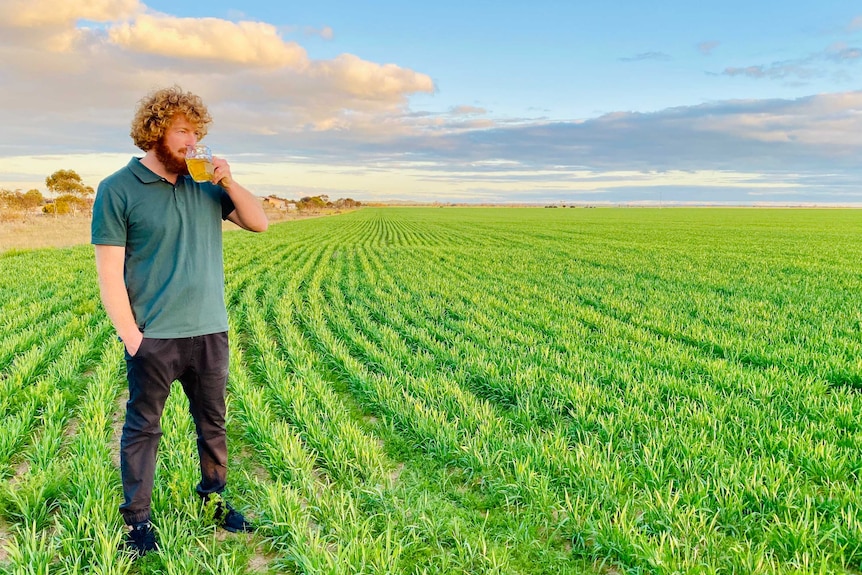 a man stands in a paddock with a glass of beer