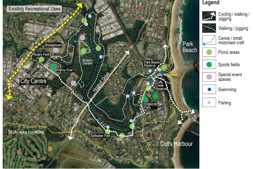 A map of the Coffs Creek Estuary marks areas for recreational swimming at the entrance to the creek.