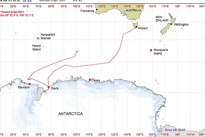 Map showing location of Antarctic supply ship Everest.