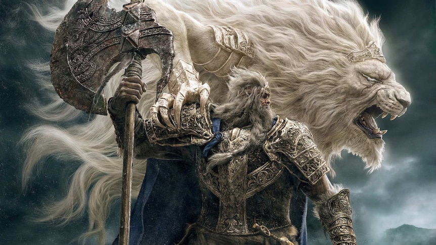 An armoured man stands holding a battle axe in front of a majestic white mythical lion