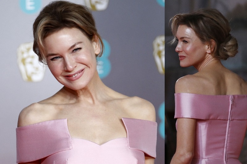 A composite image of Renee Zellweger wearing a structured off-the-shoulder pale pink dress.