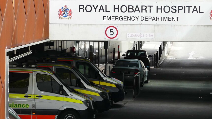 Ambulances parked at Royal Hobart Hospital.