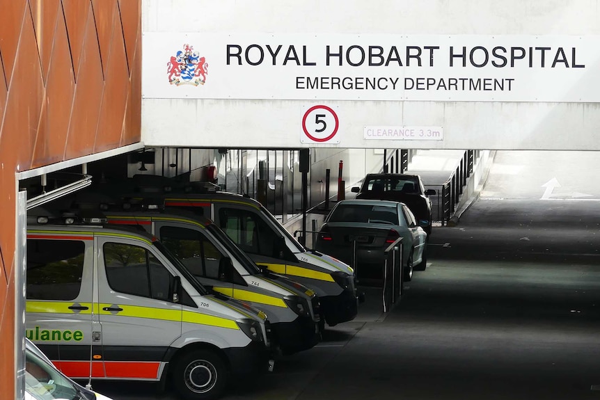 Ambulances parked at Royal Hobart Hospital.