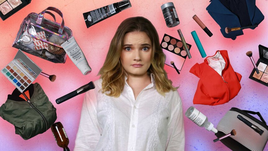 Graphic showing a woman with a concerned or quizzical look on her face stands surrounded by a variety of cosmetics and clothes.