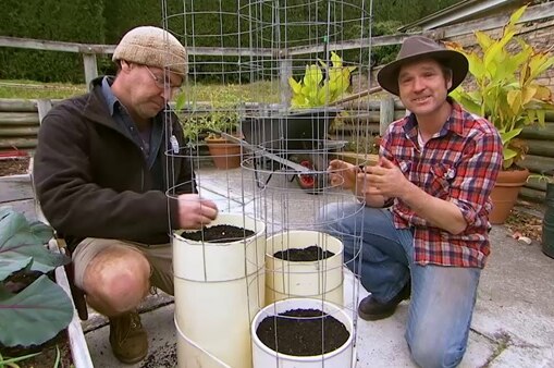 Gardening Australia's Tino and guest kneel down beside pea planter made from old stormwater pipe and wire illustrating our recap