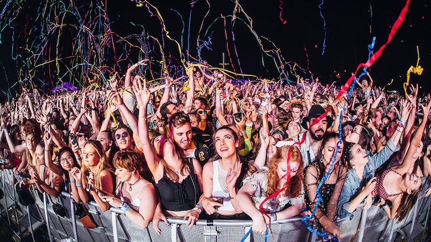 A shot of the main stage crowd at the front barrier at Newcastle's This That Festival
