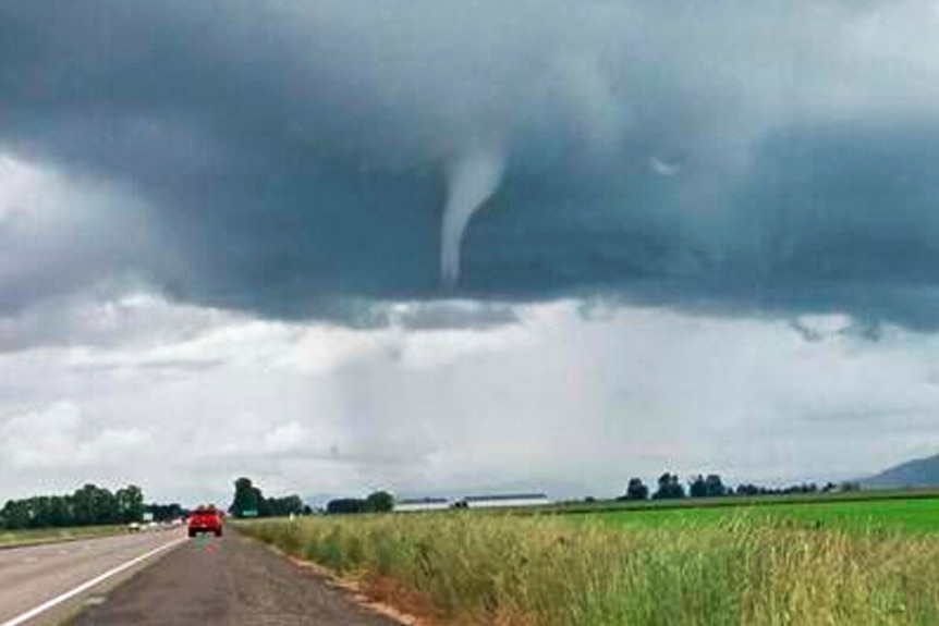 A funnel-shaped cloud formed in the stormy skies above a paddock next to a highway.