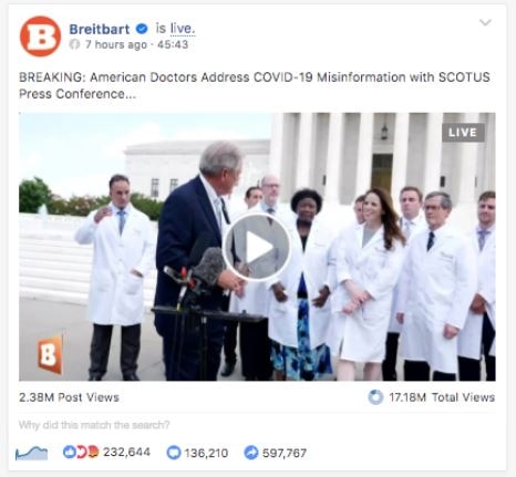 A screenshot from the Facebook page of news outlet Breitbart, showing people in white coats.