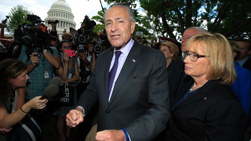 Senate Minority Leader Chuck Schumer stands with clenched fists outside the Capitol in Washington, surrounded by a media pack.